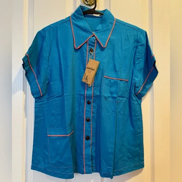 NWT Patiini Blue/Pink Pajama Set Shirt/Shorts with Matching Eye Mask Women’s M - Picture 2 of 7